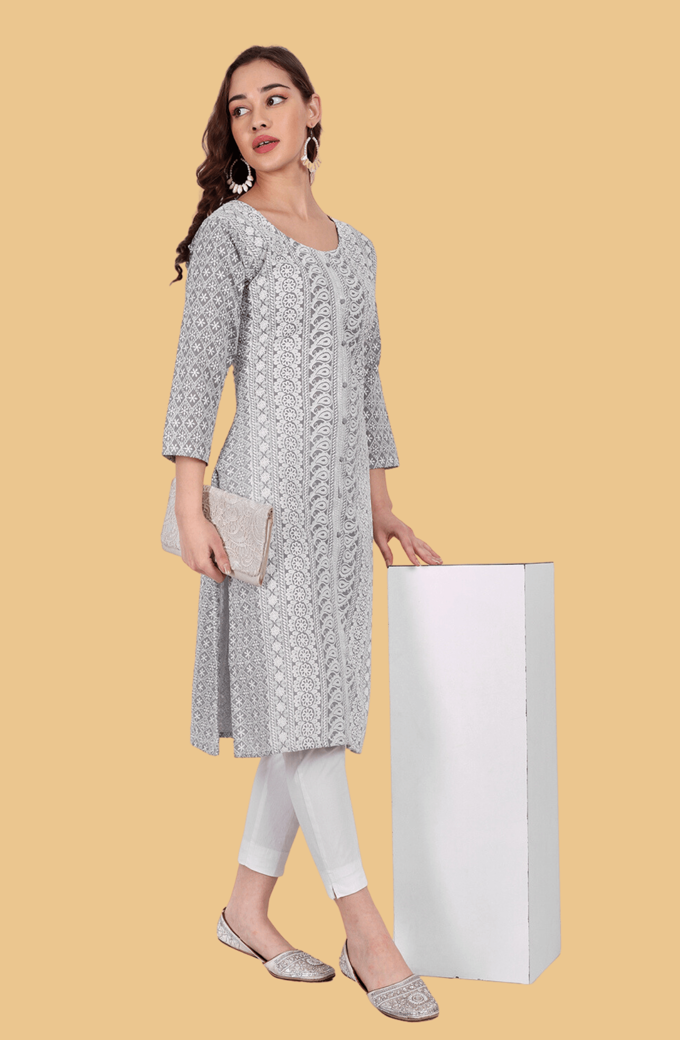 Bindia Grey Embroidered Cotton Kurti With Pant | Bhadar