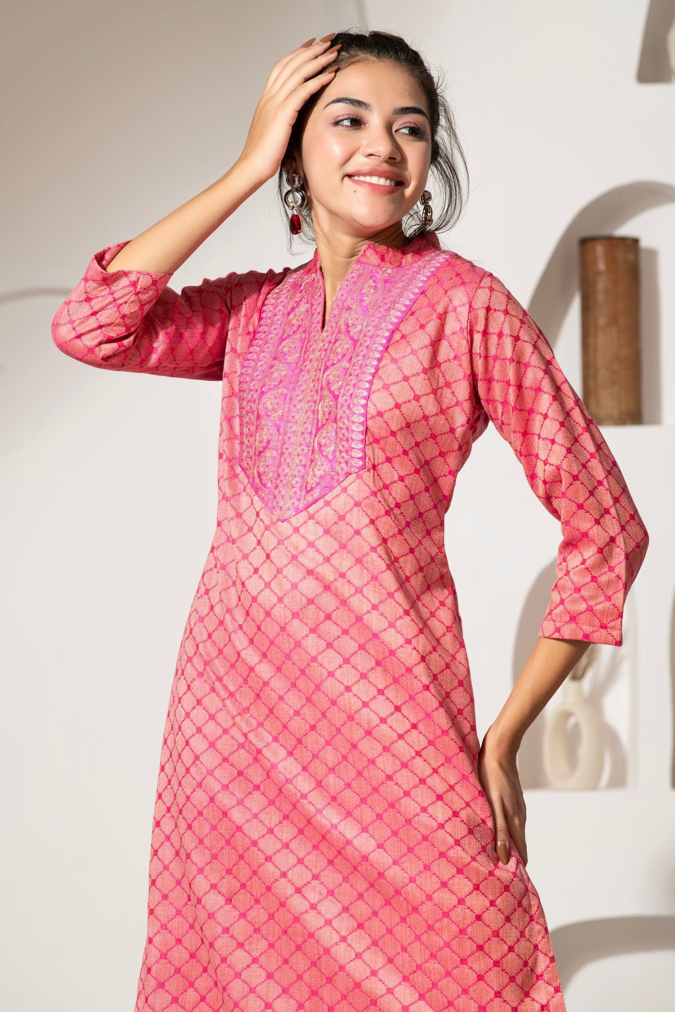Buy DRAAZ IMPEX Women Silk Kurti Set (Banaras-02_Peach_S) at Amazon.in